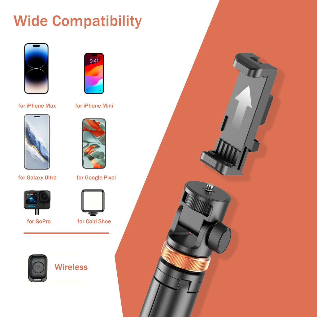 61-In Smartphone Selfie Stick - Wireless Remote, Upgraded Stable Tripod Stand, Phone Holder, Tools and Gadgets, Vlogging Equipment, Casual Selfie Accessories for Iphone 17/16/15/14/13 & Mobile Devices (Travel Use, Tripod for Iphone)