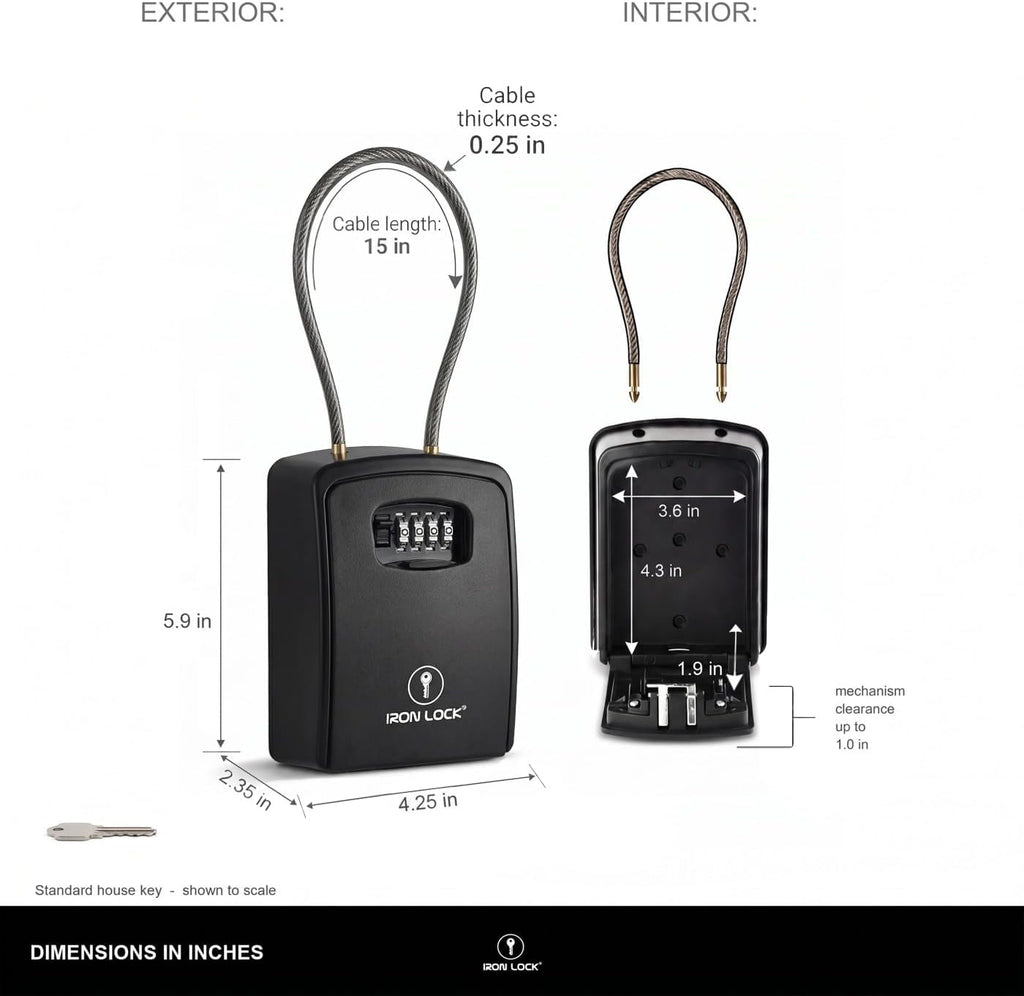 ® XXL Portable Key Lock Box, 15In Steel Cable, Code (XXL, Black) | Holds 20-30 Keys + Car Fobs; Unique Built-In Tray; Loops on Gate or Rail or Wall-Mounts; Resettable Code; Dial Cover