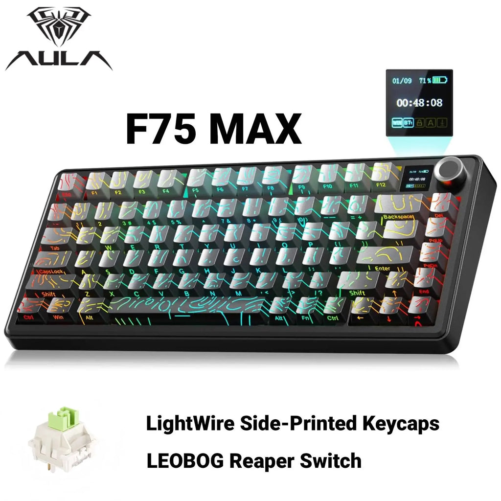 Aula F75 MAX Wireless Mechanical Game Keyboard - 75% Layout, Hot Swappable, Lighted RGB Backlit, Gasket Design, TFT Screen Knob, for PC Mac Linux (Wired RGB Gaming Keyboard Option Available), Lighted Keyboard, Wired Rgb Keyboard
