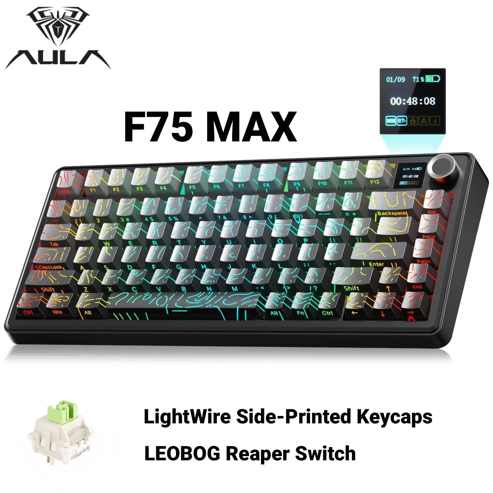 Aula F75 MAX Wireless Mechanical Game Keyboard - 75% Layout, Hot Swappable, Lighted RGB Backlit, Gasket Design, TFT Screen Knob, for PC Mac Linux (Wired RGB Gaming Keyboard Option Available), Lighted Keyboard, Wired Rgb Keyboard