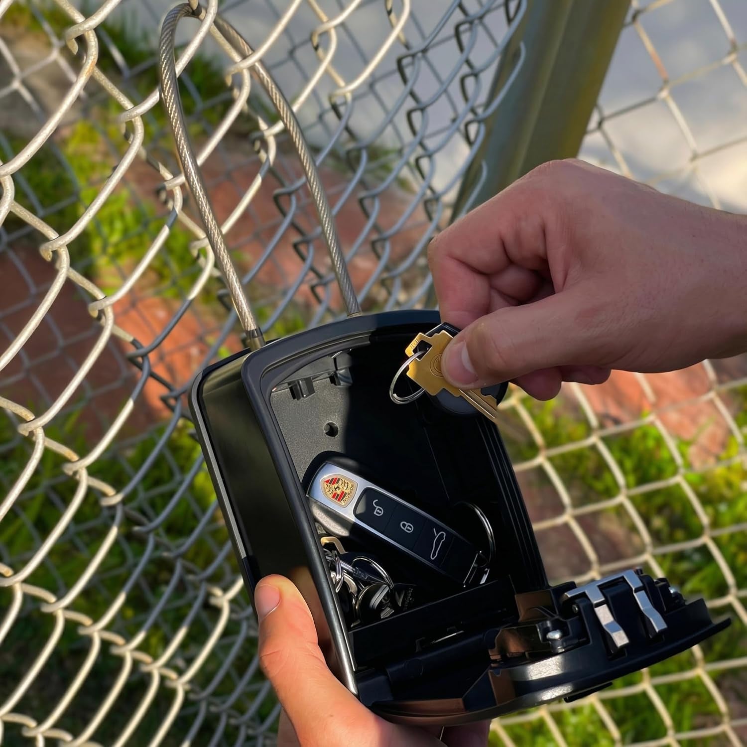 ® XXL Portable Key Lock Box, 15In Steel Cable, Code (XXL, Black) | Holds 20-30 Keys + Car Fobs; Unique Built-In Tray; Loops on Gate or Rail or Wall-Mounts; Resettable Code; Dial Cover
