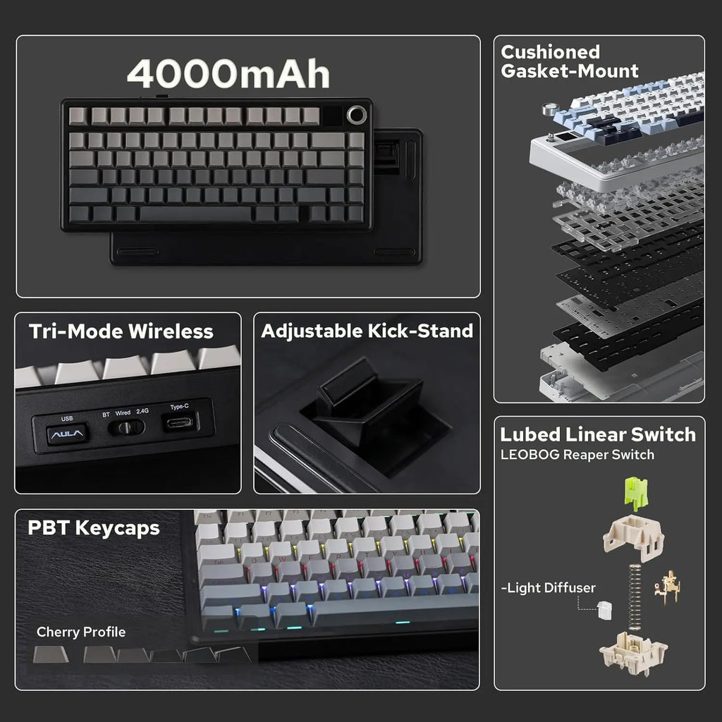 Aula F75 MAX Wireless Mechanical Game Keyboard - 75% Layout, Hot Swappable, Lighted RGB Backlit, Gasket Design, TFT Screen Knob, for PC Mac Linux (Wired RGB Gaming Keyboard Option Available), Lighted Keyboard, Wired Rgb Keyboard
