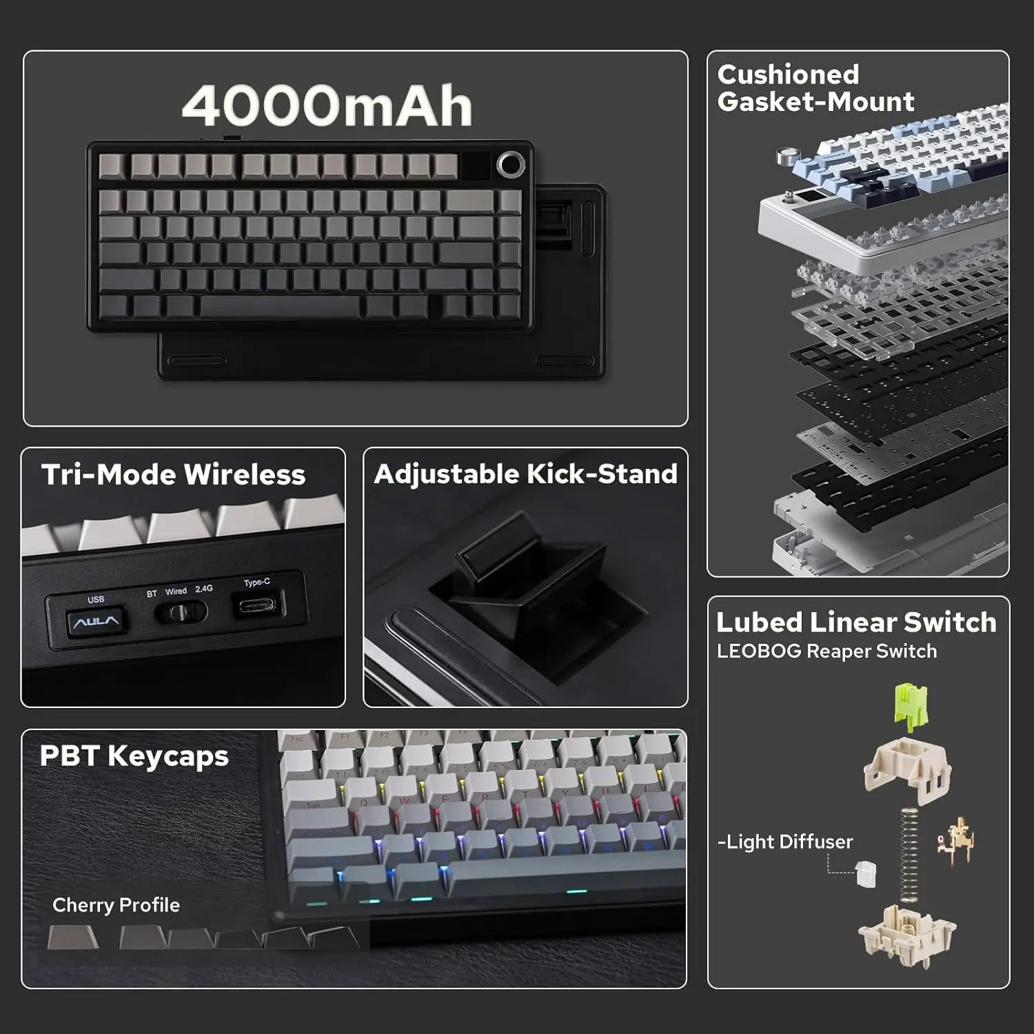 Aula F75 MAX Wireless Mechanical Game Keyboard - 75% Layout, Hot Swappable, Lighted RGB Backlit, Gasket Design, TFT Screen Knob, for PC Mac Linux (Wired RGB Gaming Keyboard Option Available), Lighted Keyboard, Wired Rgb Keyboard