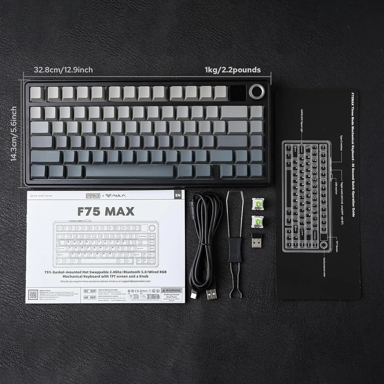 Aula F75 MAX Wireless Mechanical Game Keyboard - 75% Layout, Hot Swappable, Lighted RGB Backlit, Gasket Design, TFT Screen Knob, for PC Mac Linux (Wired RGB Gaming Keyboard Option Available), Lighted Keyboard, Wired Rgb Keyboard