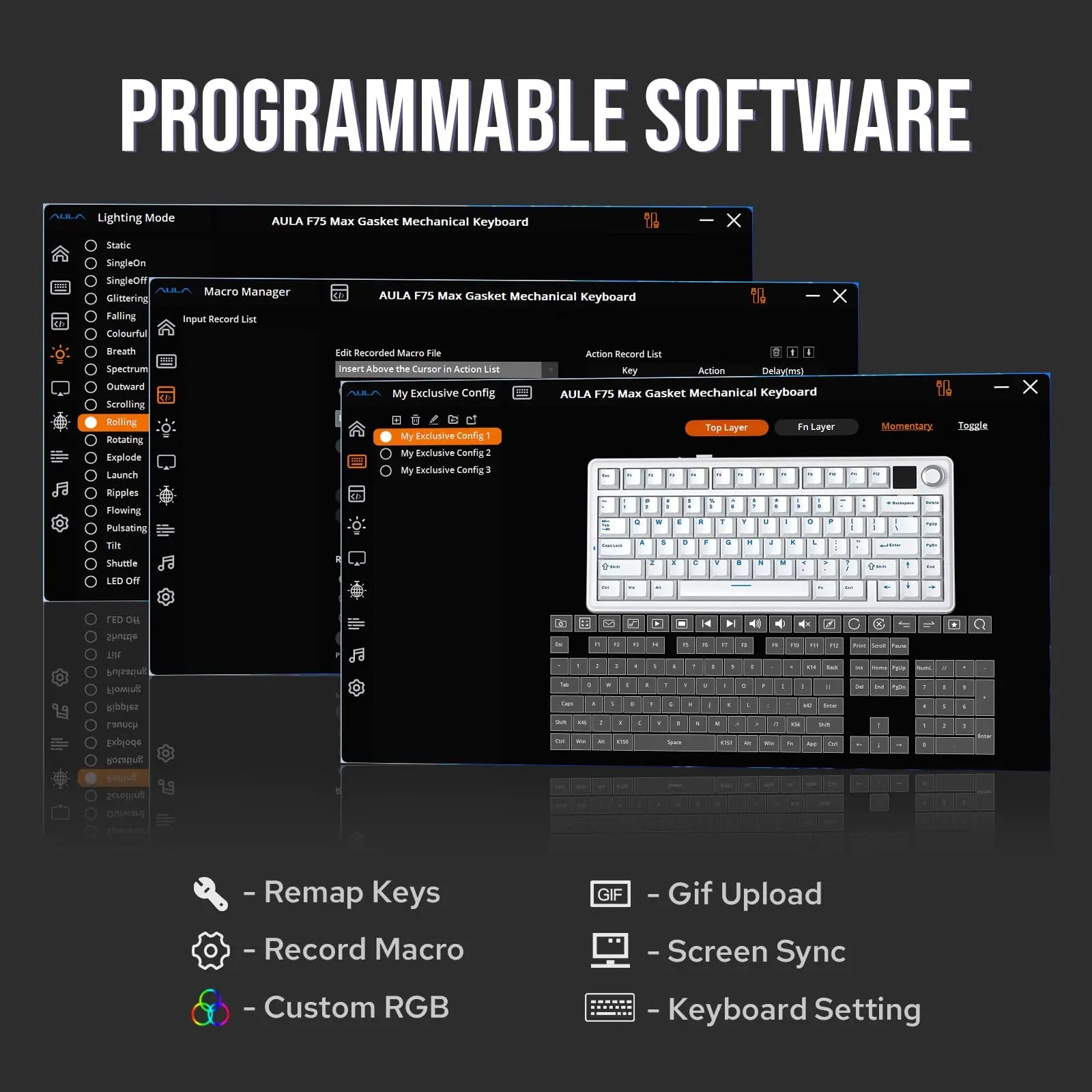 Aula F75 MAX Wireless Mechanical Game Keyboard - 75% Layout, Hot Swappable, Lighted RGB Backlit, Gasket Design, TFT Screen Knob, for PC Mac Linux (Wired RGB Gaming Keyboard Option Available), Lighted Keyboard, Wired Rgb Keyboard